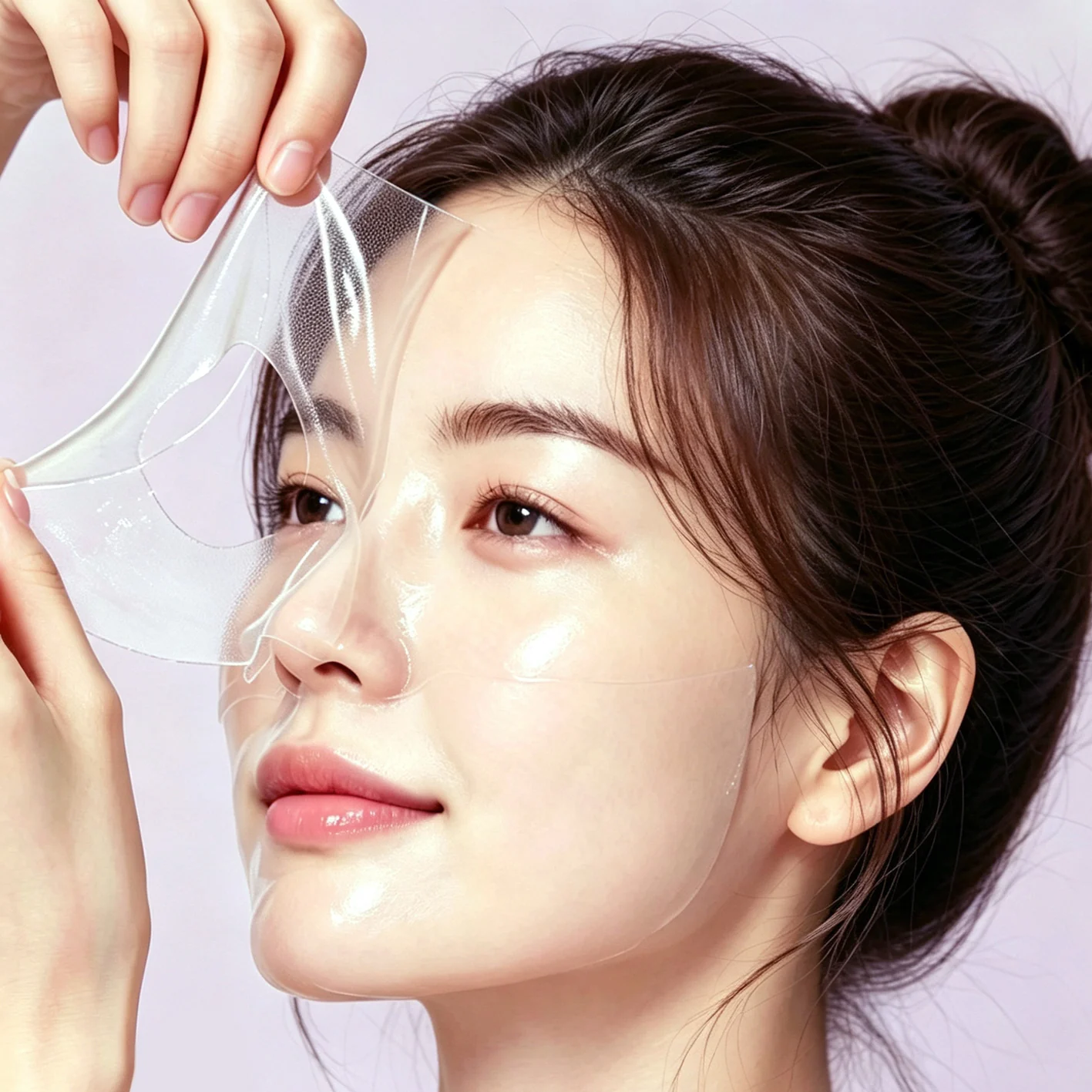 투명해진 젤 마스크를 피부에서 떼어내는 모습